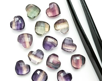 Briolettes en forma de corazón de fluorita arcoíris AAAA, piedra preciosa en forma de corazón facetada de fluorita natural, cuentas sueltas talladas a mano, cuentas de fluorita, 10 mm