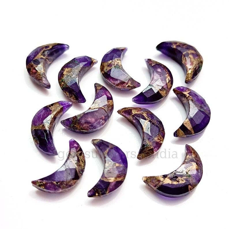 RARE Copper Amethyst Moon Carved Briolettes, Copper Amethyst Faceted Moon Shape Gemstone Beads, Hand Carved Beads, Crescent Jewelry 17mm image 7