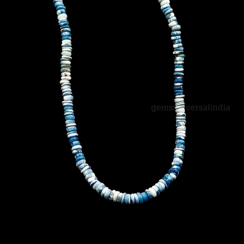 May include: A necklace made of blue and white gemstone beads. The beads are round and have a mottled appearance. The necklace is approximately 18 inches long.