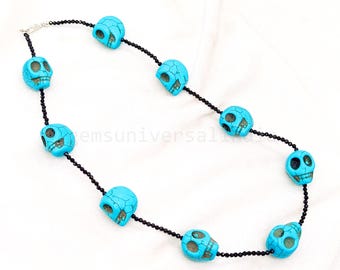 Natural Black Spinel & Turquoise Skull Necklace, Skull shape Hand Carved Gemstone Necklace, Unisex Handmade Skull Beads Halloween Necklace