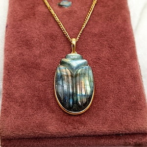 14K Gold Labradorite Gemstone Scarab Pendant, Natural Hand Carved Scarab Pendant, Scarab Amulet Pendant, Labradorite Scarab Pendant Jewelry