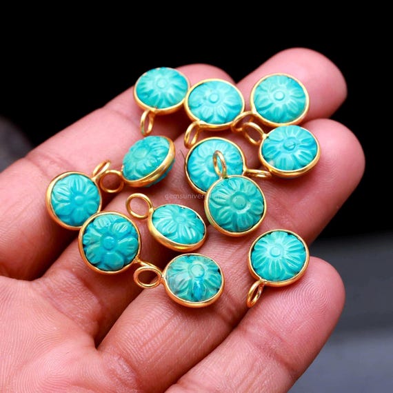 Blue Turquoise Flower Pendant ~ Hand Carved Gemstone Pendant ~ 925 Sterling Silver Pendant Charms ~ Carved Turquoise Charm for Jewelry 11mm