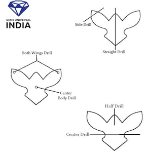 May include: Diagram showing different ways to drill gemstones, including side drill, both wings drill, center body drill, straight drill, center drill, and half drill.