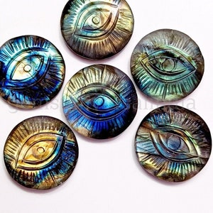 Gorgeous Labradorite Evil Eye Carved Stone, Labradorite Eye Carving, Loose Hand Carved Gemstone for Jewelry Making, Evil Eye Charm, 28MM