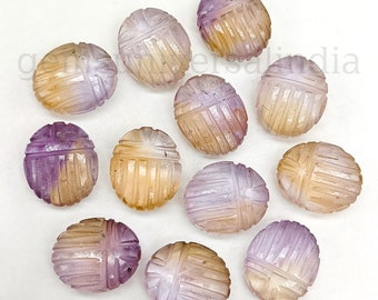 AAA+ Ametrine Scarab Shape Gemstone, Natural Ametrine Beetle Face Carvings, Animal Carved Gemstone, Egyptian Jewelry Making Beads, 12x10mm