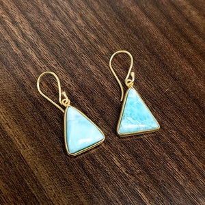 14k Gold Larimar Gemstone Earrings, Dominican Larimar Gold Bezel Earrings, 14k Solid Gold Earrings for Women, Larimar Jewelry, Gift for Her