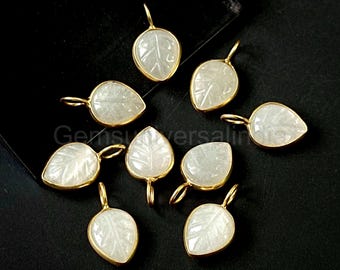 Natural White Moonstone Leaf Pendant, 925 Sterling Silver Gold Vermeil Leaf Pendant, Carved Gemstone Bezel Leaf Charms,  Pendant For Jewelry