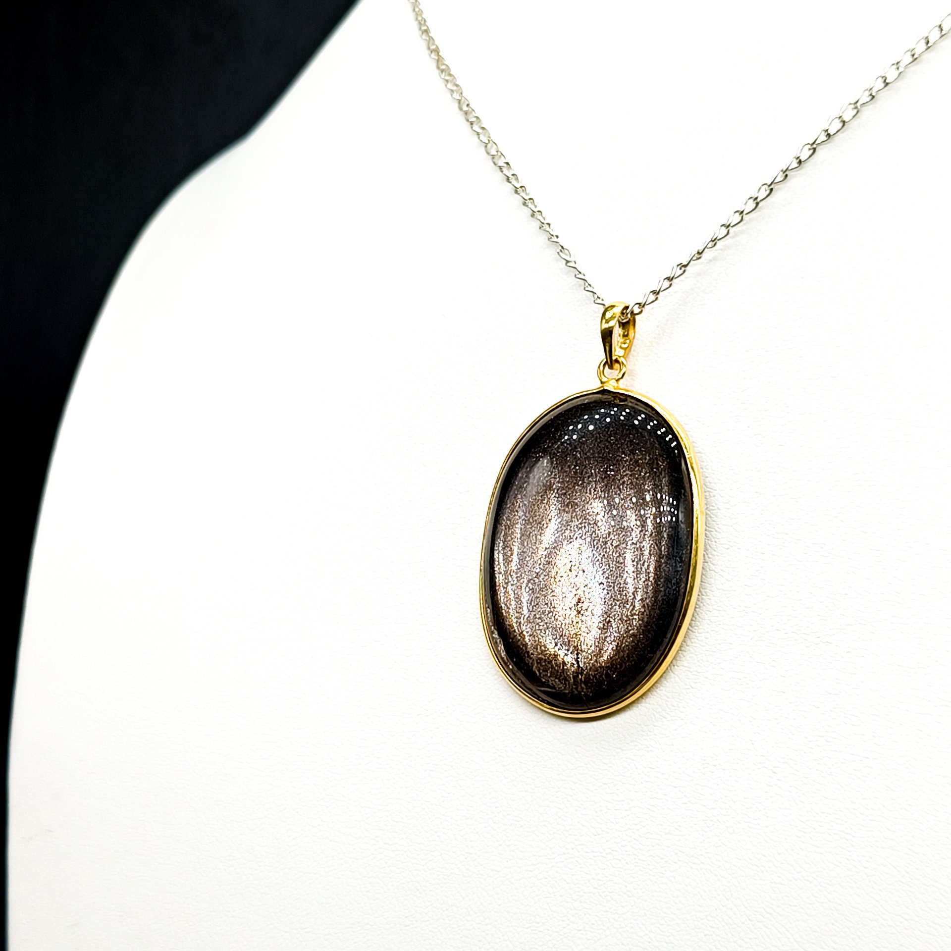 Large Natural Black Moonstone Pendant, 14k Solid Gold