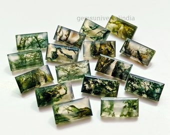 Puede incluir: Una colección de 14 cabujones de ágata musgosa, cada uno con un patrón único verde y blanco. Los cabujones son de forma rectangular y tienen un acabado liso y pulido.
