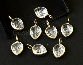 Crystal Quartz Hand Carved Leaf Pendant, 925 Sterling Silver Bezel Leaf Charms, Gold Vermeil Leaf Pendant For Jewelry, Gemstone Leaf Pendant