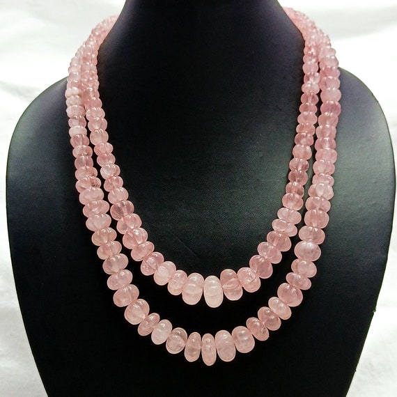 Rose Quartz Melon Shape Beads Necklace, Carved Bead Necklace