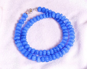 Blue Chalcedony Carved Melon Beads Necklace, Natural Chalcedony Smooth Hand Carved Beads Necklace, 7.5-8mm Handmade Blue Chalcedony Necklace