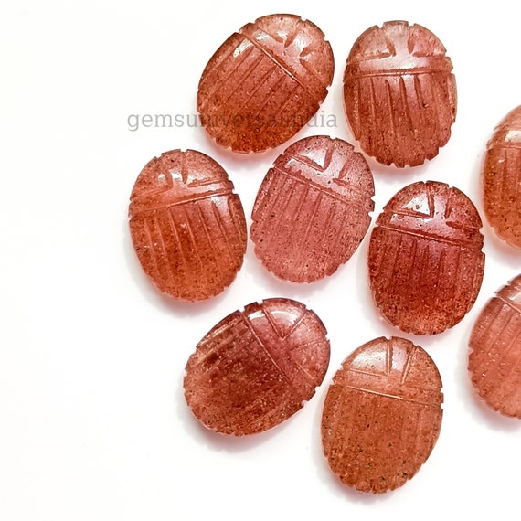 ピンクストロベリークォーツスカラベビーズ、ボヘミアンエジプト