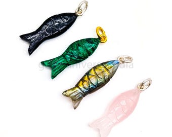 Natural Gemstone Fish Pendant, Gemstone Carved Fish, Koi Fish Charms, Crystal Fish Pendant, Healing Crystal Jewelry Protection Necklace