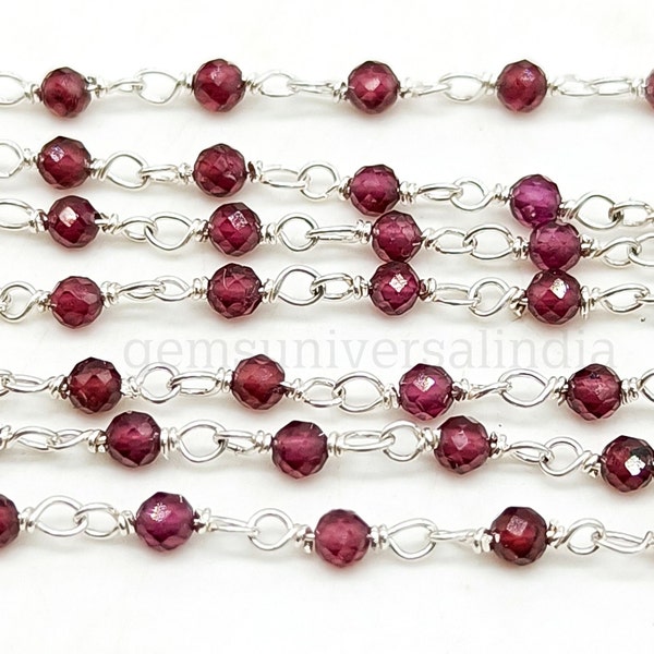 925 Silver Garnet Rosary Chain, Wire Wrapped Red Garnet Gemstone Beaded Chain, 925 Sterling Silver, Jewelry Making Finding, Sold by Feet