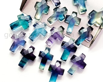 AAA Multi Fluorite Cross Shape Gemstone, Hand Carved Cross Beads for Jewelry Making, Healing Crystal Carving 15mm, Holy Cross Pendant Charm