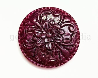 Natural Ruby Flower Carved Gemstone, AAA Ruby Round Cabochon For Pendant, Ruby Carving Stone, Loose Hand Carved Ruby Gemstone 35mm