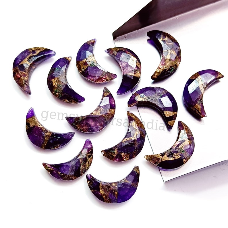 RARE Copper Amethyst Moon Carved Briolettes, Copper Amethyst Faceted Moon Shape Gemstone Beads, Hand Carved Beads, Crescent Jewelry 17mm image 1
