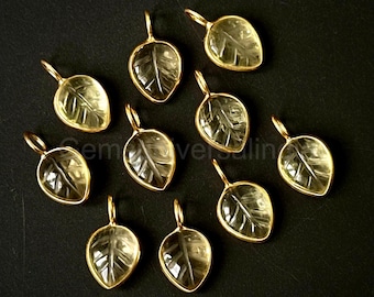 Natural Lemon Quartz Leaf Pendant, 925 Sterling Silver Hand Carved Leaf Charms, Gold Vermeil Leaf Pendant, Gemstone Leaf Pendant For Jewelry