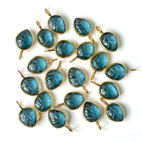 London Blue Topaz Carved Leaf Pendant, 925 Sterling Silver Leaf Pendant Charms, Topaz Gold Vermeil Gemstone Pendant, Leaf Charms For Jewelry