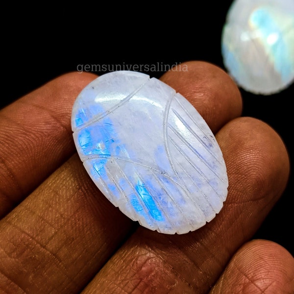 Flashy Blue Rainbow Moonstone Scarab Shape Gemstone, Natural Moonstone Beetle Face Carving, Insect Carved Gemstone, Holy Scarab Jewelry 30mm