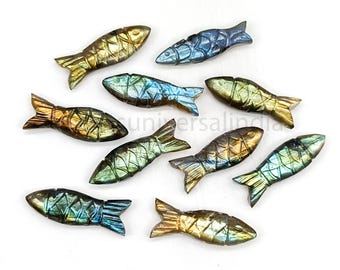 Flashy Labradorite Fish Carved Gemstone for Jewelry Making, Loose Hand Carved Fish Beads Labradorite Carving Fish Charms for Necklace 25mm