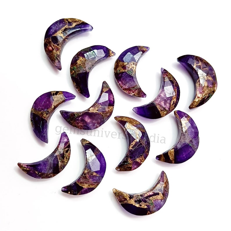 RARE Copper Amethyst Moon Carved Briolettes, Copper Amethyst Faceted Moon Shape Gemstone Beads, Hand Carved Beads, Crescent Jewelry 17mm image 2