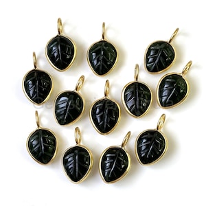 Dark Green Tourmaline Carved Leaf Charms, 925 Silver Gold Vermeil Leaf Pendant, Tourmaline Quartz Gemstone Pendant, Leaf Charms For Jewelry