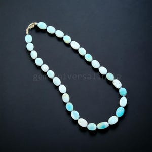Peruvian Blue Opal Beads Necklace, Opal Smooth Oval Beads Necklace, Shaded Blue Opal Necklace Handmade Opal Jewelry Anniversary Gift For Her