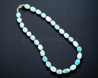 Peruanische Blaue Opal Perlen Halskette, Opal Glatte Ovale Perlen Halskette, Shaded Blue Opal Halskette Handgemachter Opal Schmuck Jahrestag Geschenk für Sie