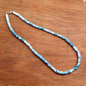 May include: A blue and white beaded necklace with a silver clasp. The beads are small and round, and they are arranged in a pattern that resembles a wave.