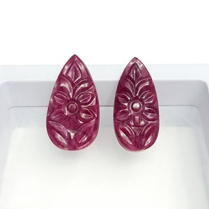 Natural Ruby Carved Gemstone Pair, Real Ruby Cabochon for Jewelry Making, 29.50 carats Ruby Pear Shape Gemstone, Loose Hand Carved Gemstone