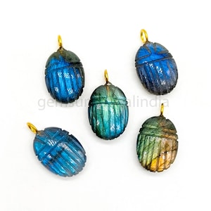 Natural Labradorite Scarab Carved Gemstone Charms, Crystal Scarab Pendant, 925 Sterling Silver Pendants, Beetle Charms, Holy Scarab - 18mm