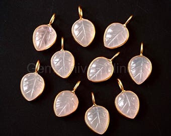 Natural Rose Quartz Carved Leaf Charms, 925 Sterling Silver Bezel Leaf Pendant, Gold Vermeil Leaf Pendant, Gemstone Leaf Pendant For Jewelry