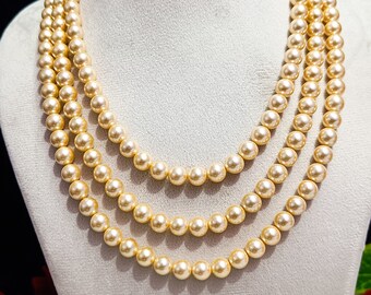 Golden Pearl Round Beads Necklace, Natural Pearl Beaded Necklace, Statement Necklace for Women, 8mm Pearl Necklace, Round Pearls Necklace