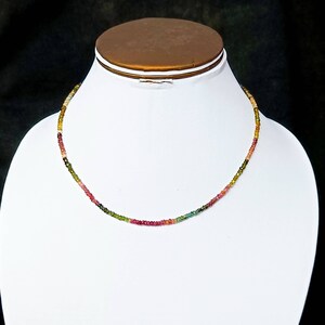 May include: A delicate necklace made of small, multi-colored gemstones. The necklace features a gradient of green, red, and yellow gemstones.