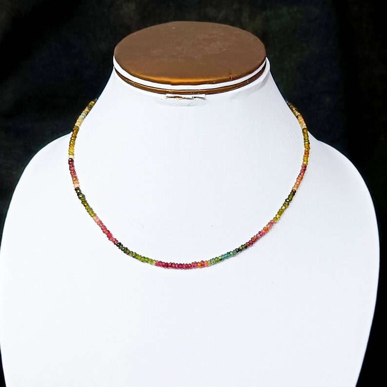 May include: A delicate necklace made of small, multi-colored gemstones. The necklace features a gradient of green, red, and yellow gemstones.
