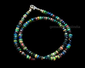AAA Black Ethiopian Opal Beaded Necklace, Ethiopian Opal Faceted Rondelle Beads Necklace, Welo Opal Necklace, Black Opal Necklace Gift Her