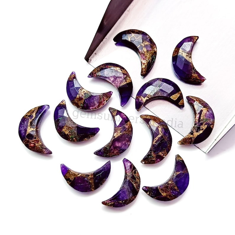 RARE Copper Amethyst Moon Carved Briolettes, Copper Amethyst Faceted Moon Shape Gemstone Beads, Hand Carved Beads, Crescent Jewelry 17mm image 6