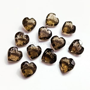 Smoky Quartz Intaglio Heart Carved Gemstone Beads, AAA Quartz Cut Faceted Gemstone Heart Beads, Loose Hand Carved Beads, Heart Charms 10mm