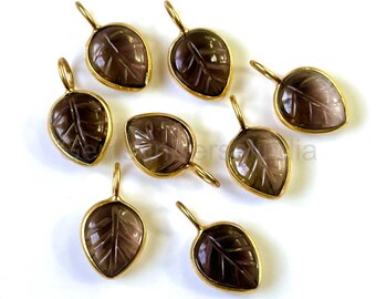 Smoky Quartz Carved Leaf Pendant, 925 Sterling Silver Leaf Charms, Gold Vermeil Leaf Pendant For Jewelry, Handmade Quartz Gemstone Pendant