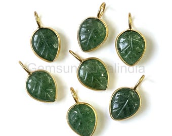 Green Strawberry Quartz Leaf Pendant, 925 Sterling Silver Carved Leaf Charms, Gold Vermeil Leaf Pendant, Gemstone Charms For Jewelry Making