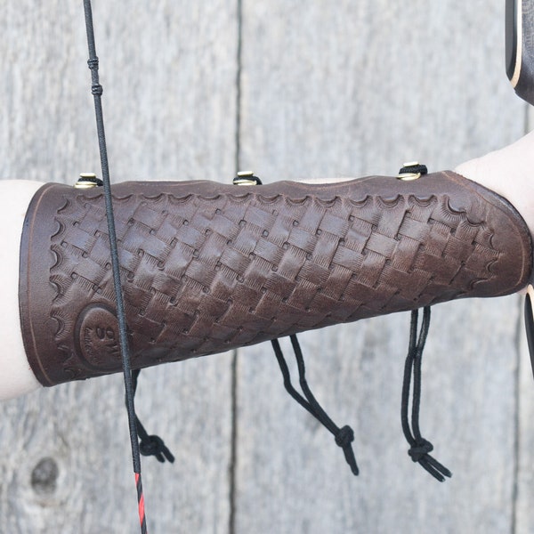 Leather Arm Guard, Archery Arm Guard, for long bows with wrist extension and basketweave tooling