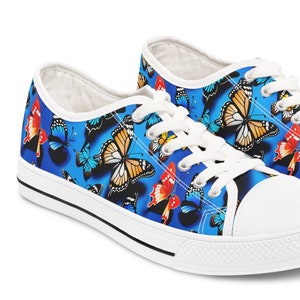 Cute butterfly tennis shoes with watercolor painted print. Low-rise shoes with luxury extras. Colorful Sneakers in white or black soles