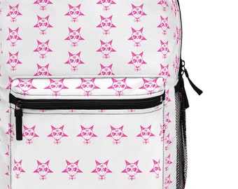 Goth Backpack in pink and white. Gothic fashion for the girls. Kawaii cute pink skull design. School backback design by Linki Designs