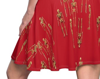 Goth skirt!  Women's gothic / punk rock clothes include this skeleton skirt on red. Super cool skirt!
