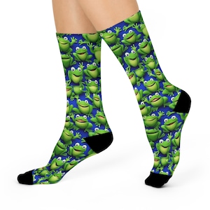 Frog Socks! Premium Cushion Crew Socks w/ Green, Waving, Happy Frogs! Novelity Gifts, Under 20 Bucks, FREE Shipping!