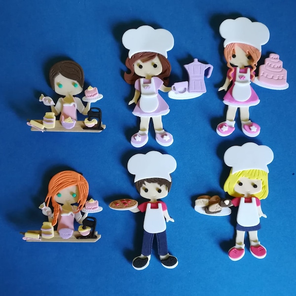 6 kits découpés en fommy, mousse, caoutchouc EVA pour créer 6 personnages pâtissier, pizzaïolo, serveuse... 6 personnages au total