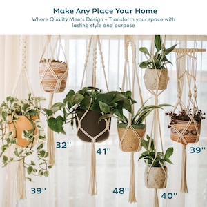 May include: A collection of hanging planters with various plants. The planters are suspended by macrame hangers. Measurements are displayed in inches: 32", 39", 40", 41", and 48". The planters are in different colors and textures, creating a natural, bohemian aesthetic.