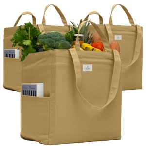 Large Reusable Grocery Bags - 100% Cotton 12Oz Canvas Grocery Bags with Handles, Grocery Tote Bag, Heavy Duty, Foldable Market Bag - 3 bags